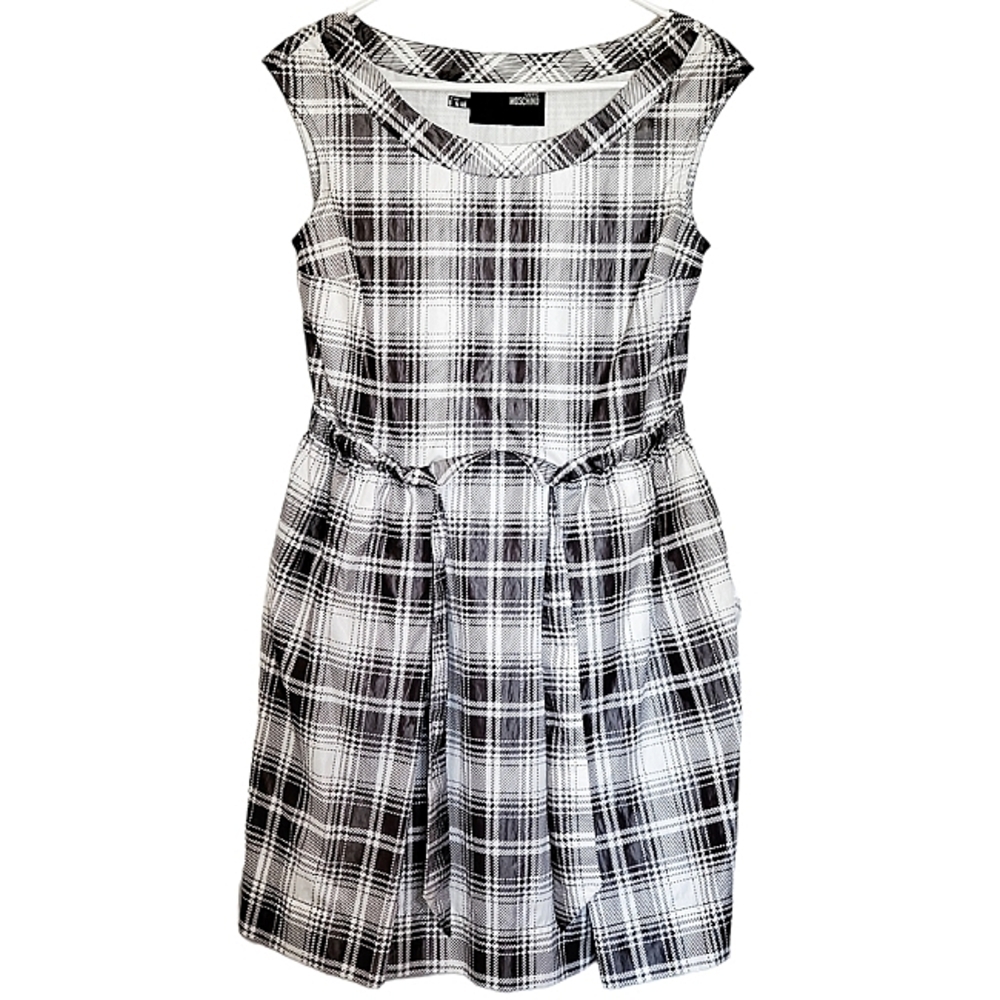 7028 * Moschino Plaid Fit Flare Dress Sleeveless Belted Black White Size 4